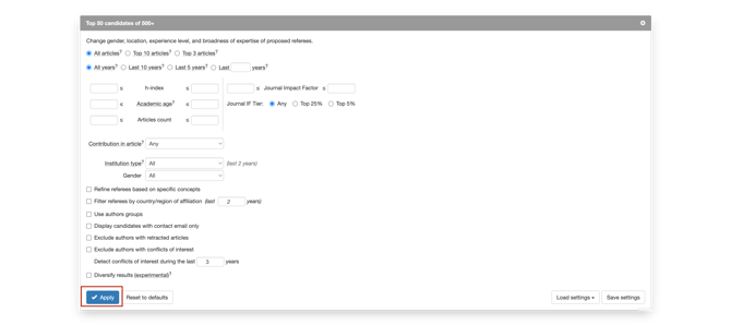 Advanced filters panel showing article analysis options
