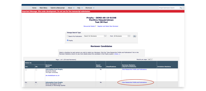 EM interface with "View Researcher Profile and Publication" link highlighted