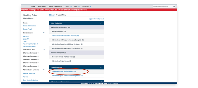 Editorial Manager main dashboard showing the assigned submissions section with a red circle around "View All Assigned Submission