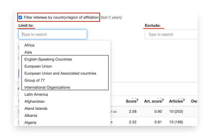 Geographic filtering options with country selection dropdown