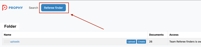 Accessing Referee Finder - Screenshot shows the Prophy interface with the Referee Finder button highlighted in the upper bar