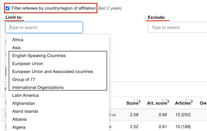 Geographic Filtering - Screenshot showing the country/region filtering options