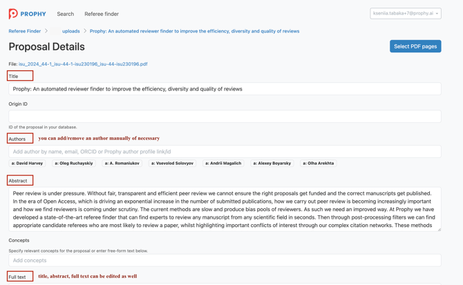 When your proposal is uploaded, you will get all the proposal details such as information about authors, title, abstract, full text (if available).-1